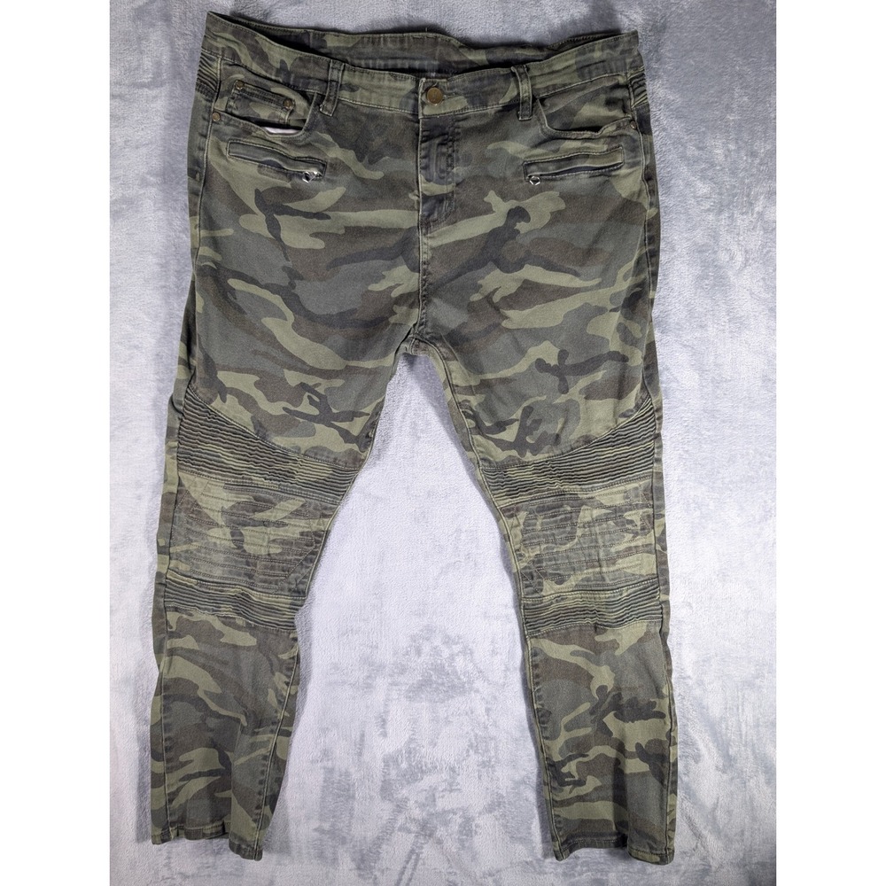 Womens Green Camo Moto Ribbed Knee Biker Skinny Stretch Denim Jeans Pant Size 40